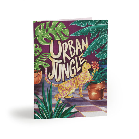 Urban Jungle Bengal Cat with Plants Folded Greeting Cards (8, 16, and 24 pcs)