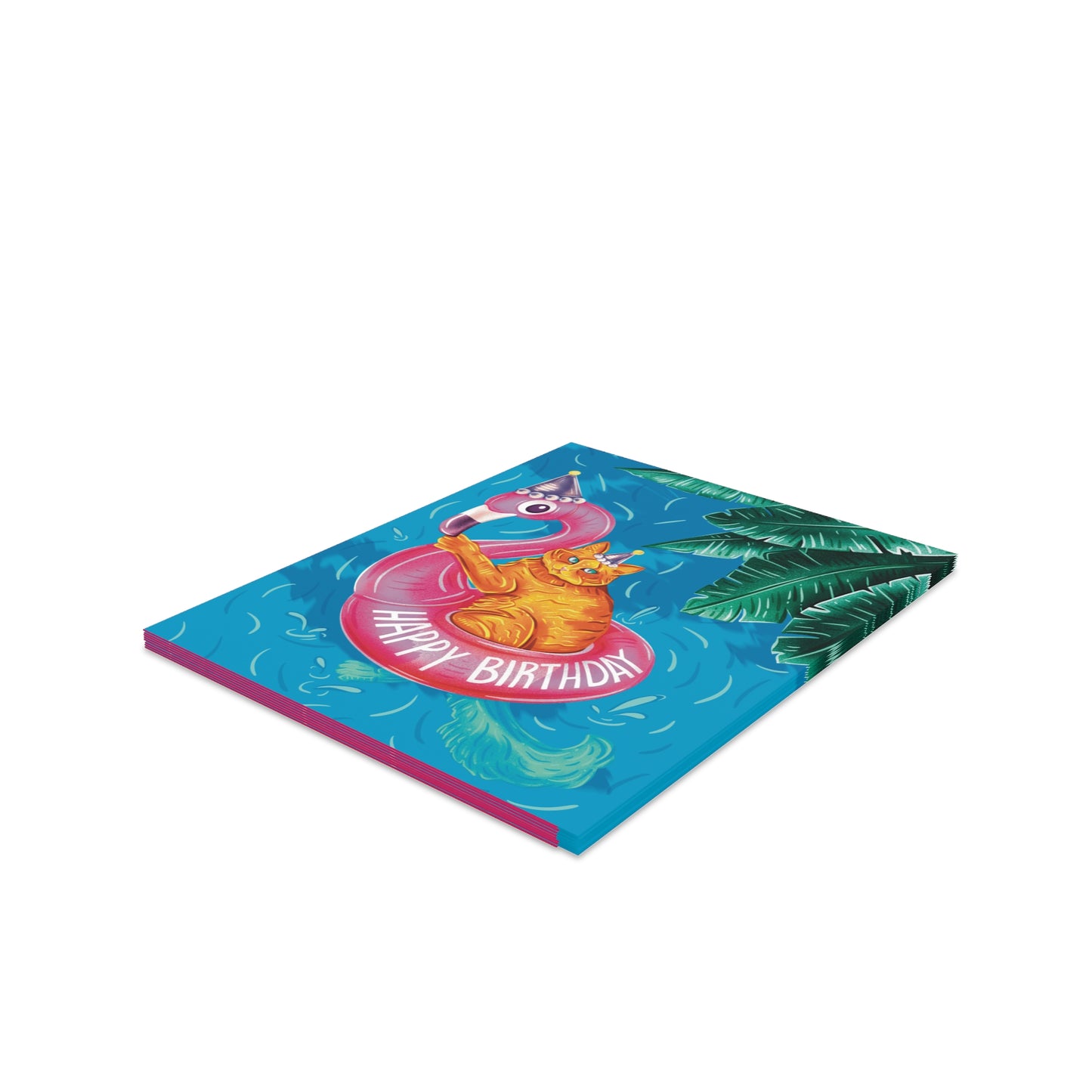 Pool Cat on Flamingo Floatie Birthday Folded Greeting Cards (8, 16, and 24 pcs)