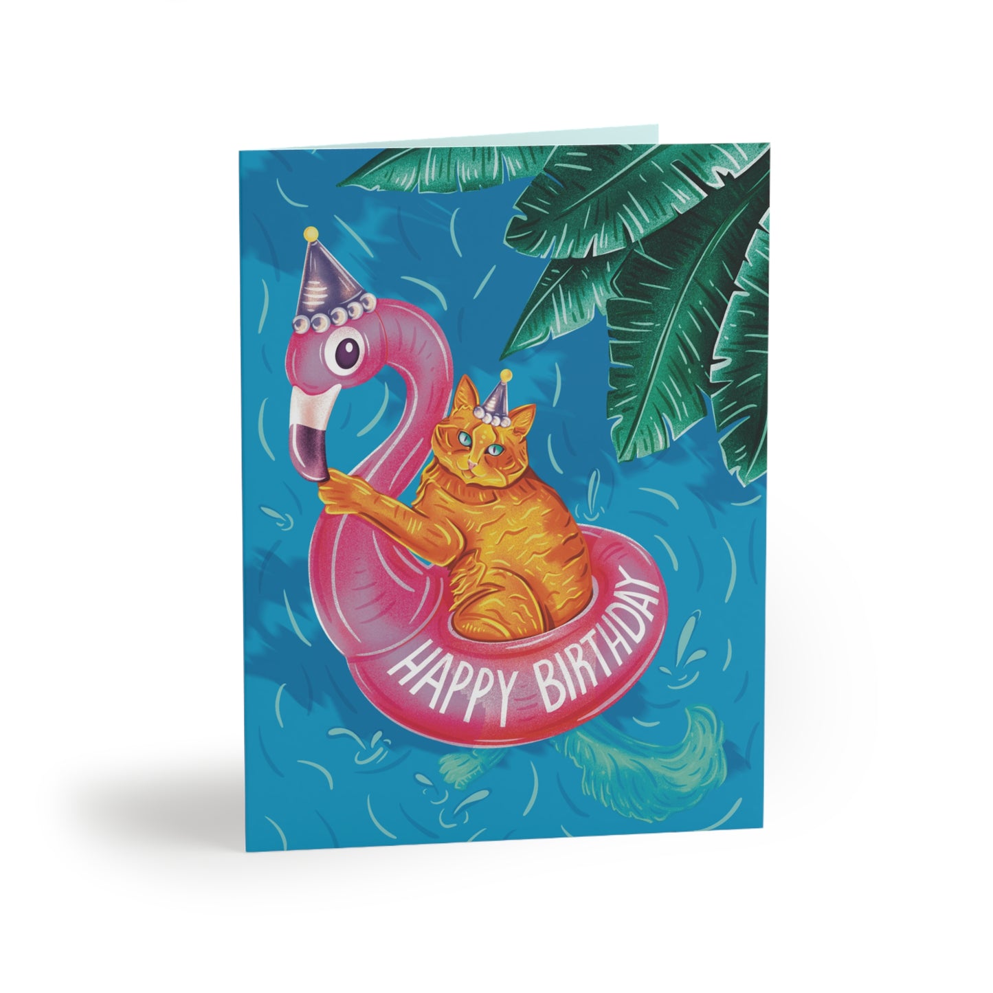 Pool Cat on Flamingo Floatie Birthday Folded Greeting Cards (8, 16, and 24 pcs)