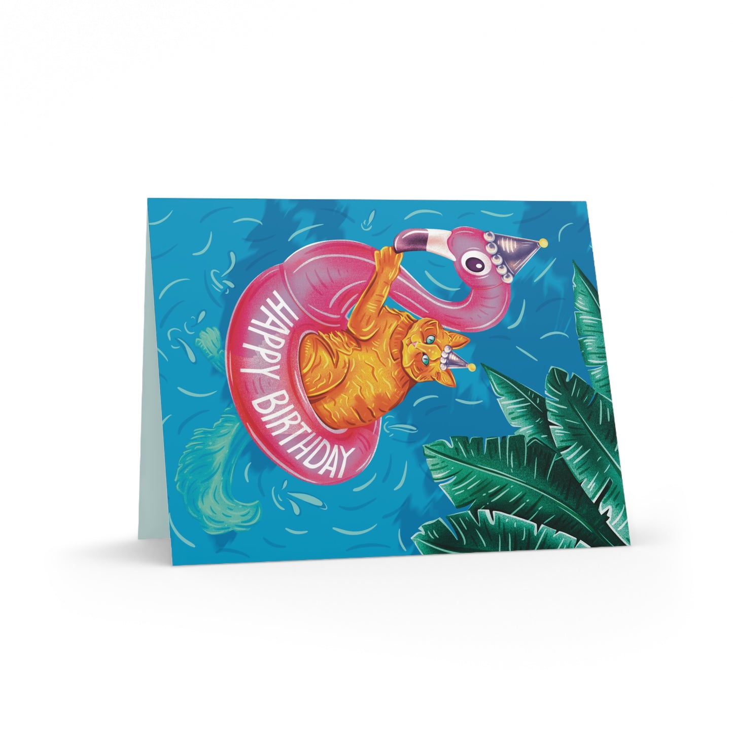 Pool Cat on Flamingo Floatie Birthday Folded Greeting Cards (8, 16, and 24 pcs)