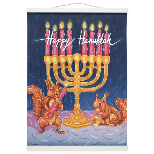 Happy Hanukkah Squirrels Lighting Menorah Hanging Canvas Art Print