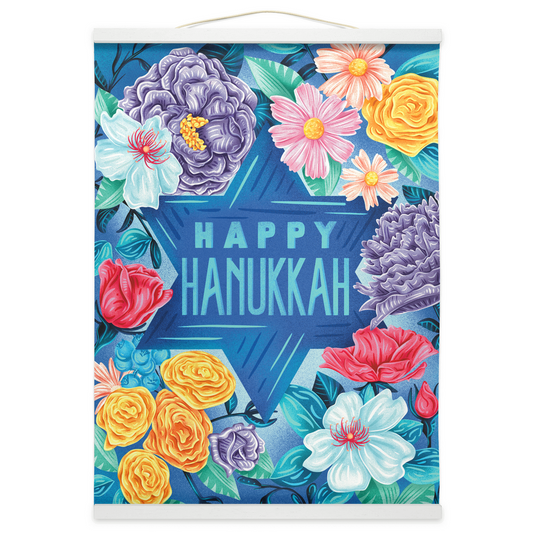 Happy Hanukkah Flowers and Star Hanging Canvas Art Print