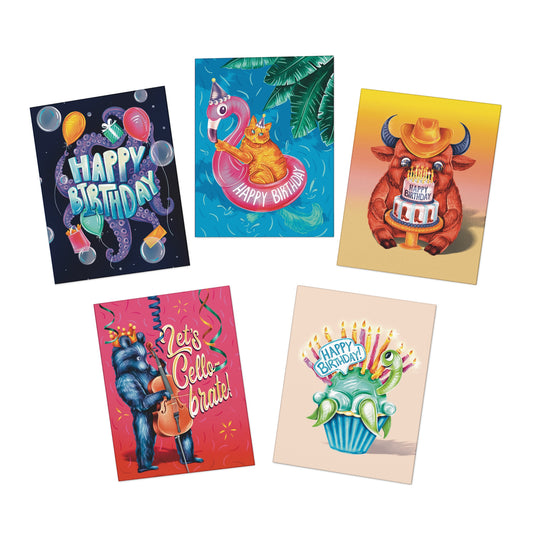 Happy Birthday Animal Party — Multi-Design Greeting Cards (5-Pack)