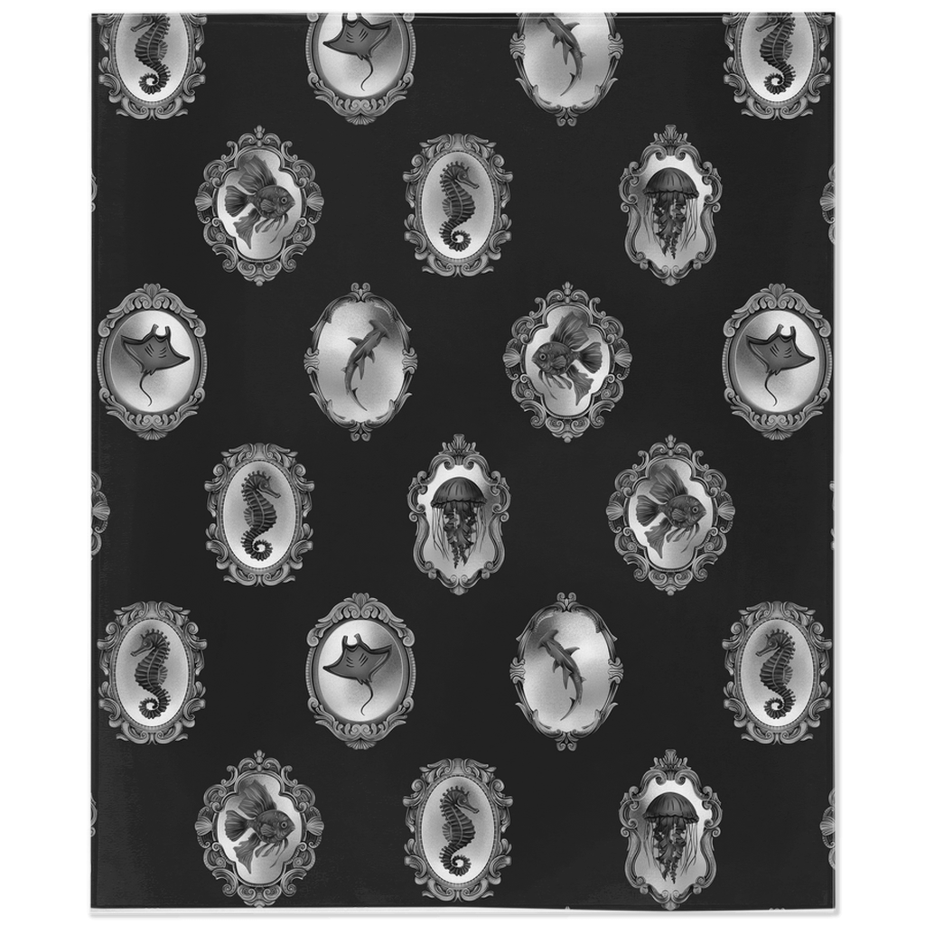 Sea Life Victorian Ornate Frames Minky Blanket - Grayscale