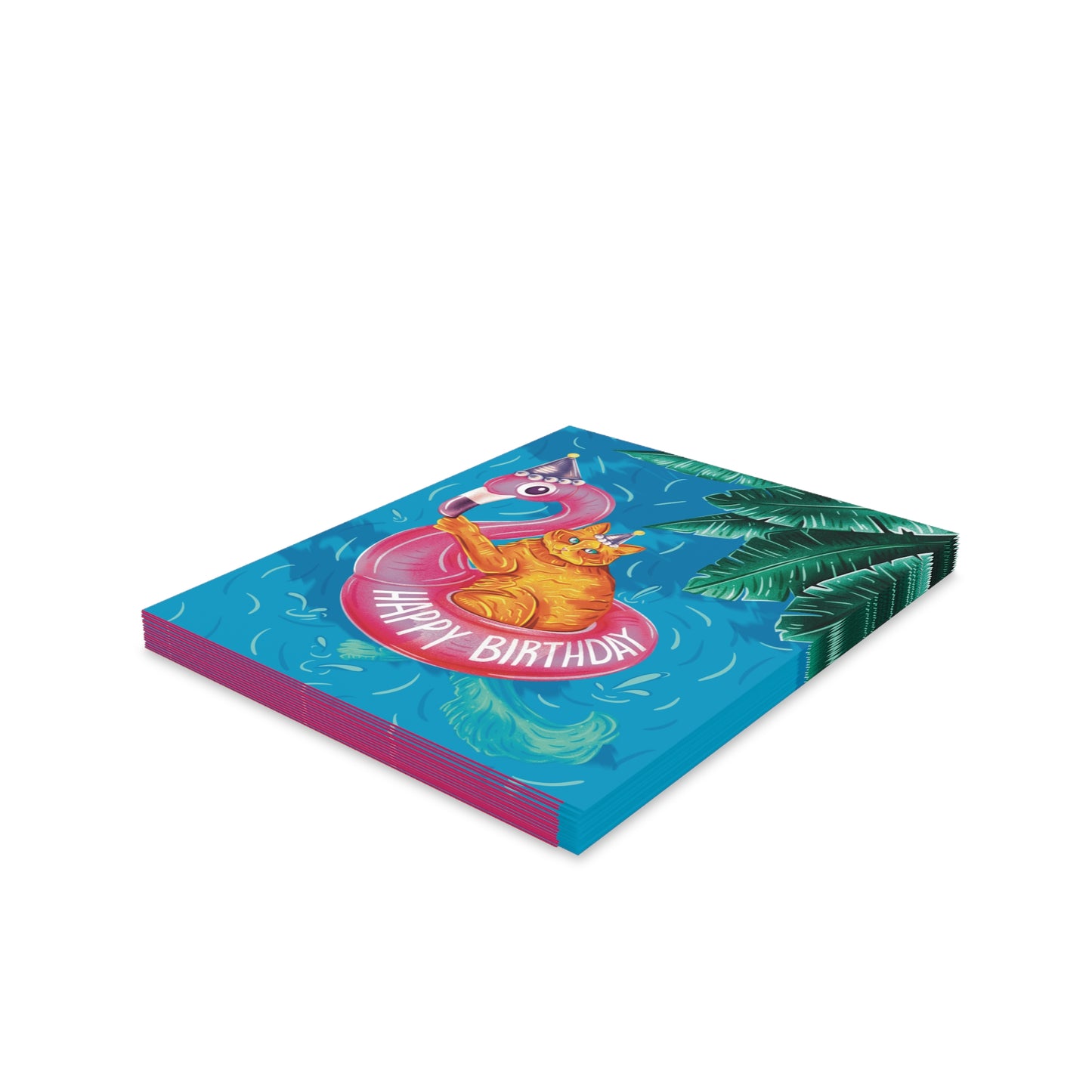 Pool Cat on Flamingo Floatie Birthday Folded Greeting Cards (8, 16, and 24 pcs)