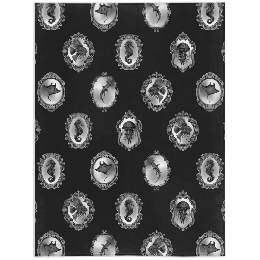 Sea Life Victorian Ornate Frames Minky Blanket - Grayscale