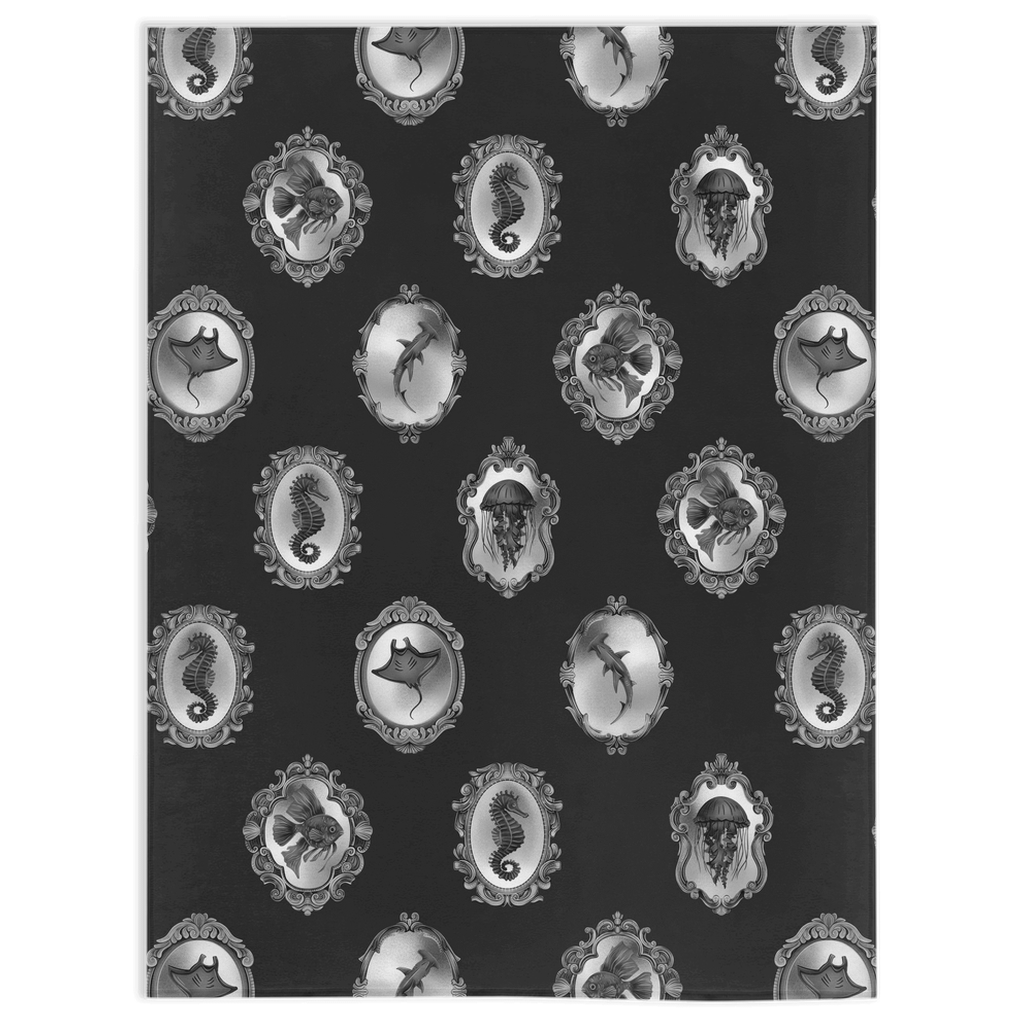 Sea Life Victorian Ornate Frames Minky Blanket - Grayscale