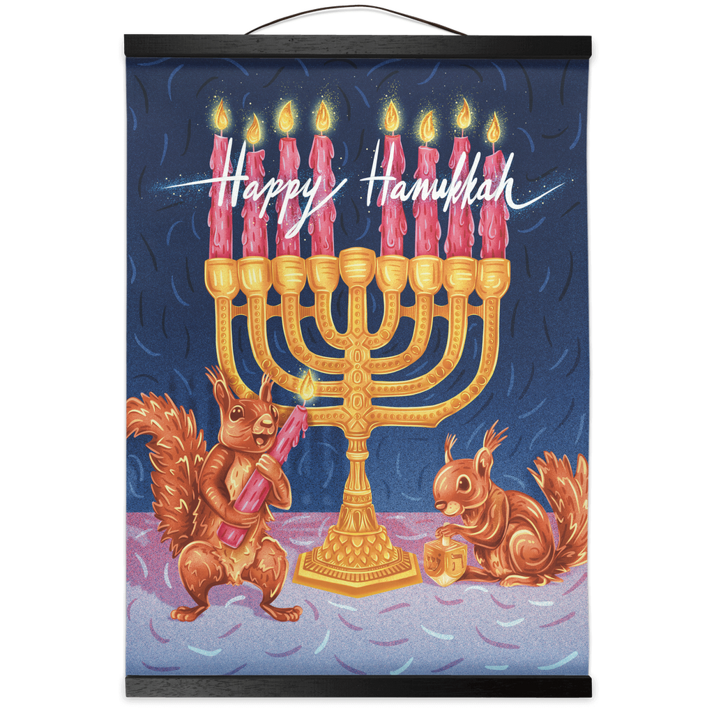 Happy Hanukkah Squirrels Lighting Menorah Hanging Canvas Art Print